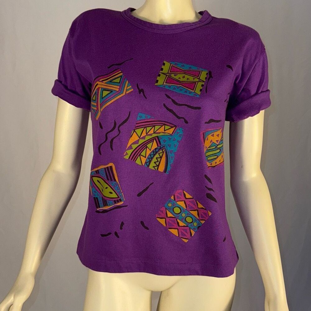 Vintage 80’s Purple Geometric Bold Shoulder T-Shirt‎ Women’s Size MP